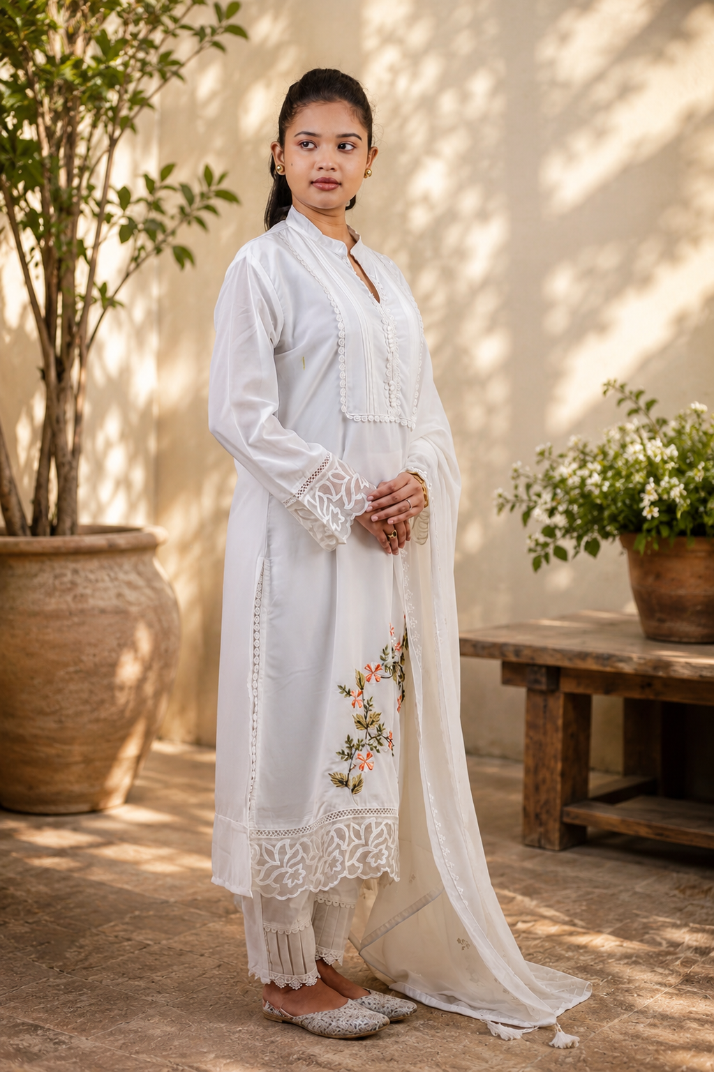 Zahra-E-Noor - White Mandarin Collar Pakistani Suit