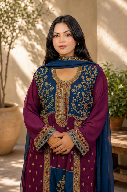 Colorblock Pakistani Kurta with Gold Embroidery