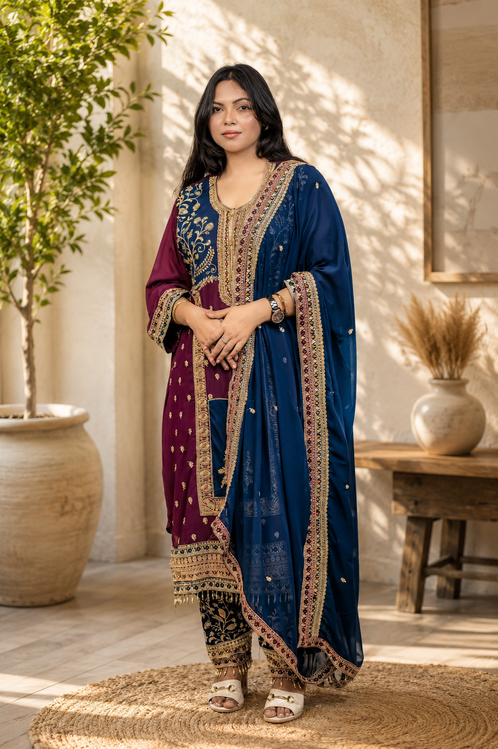 Colorblock Pakistani Kurta with Gold Embroidery