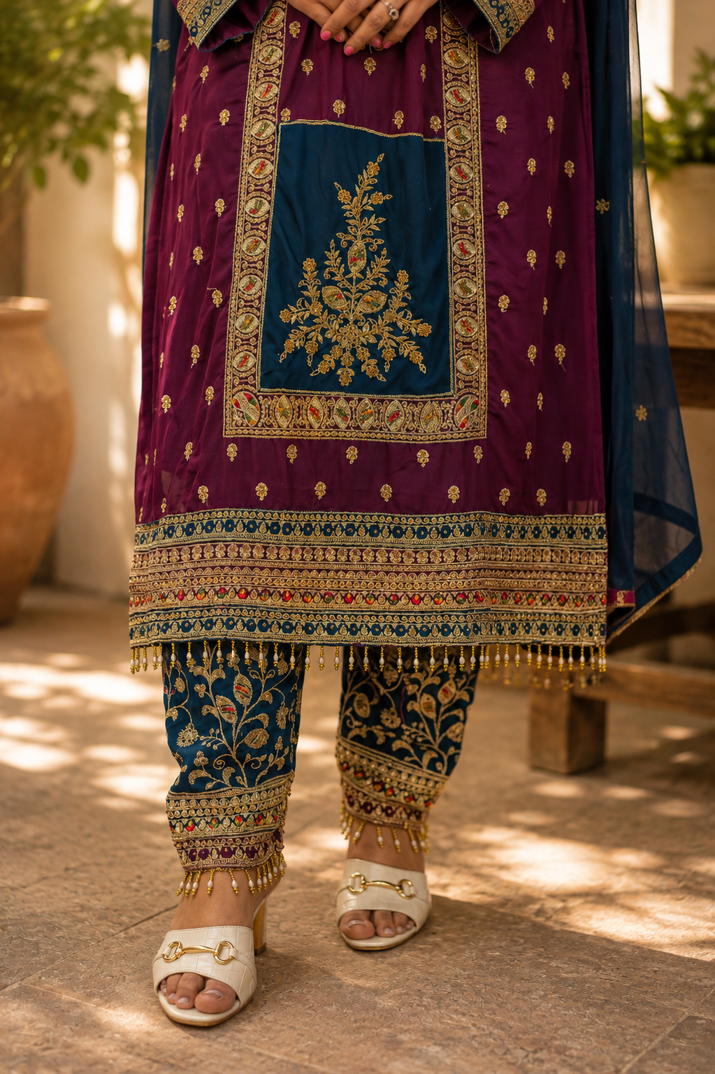 Colorblock Pakistani Kurta with Gold Embroidery
