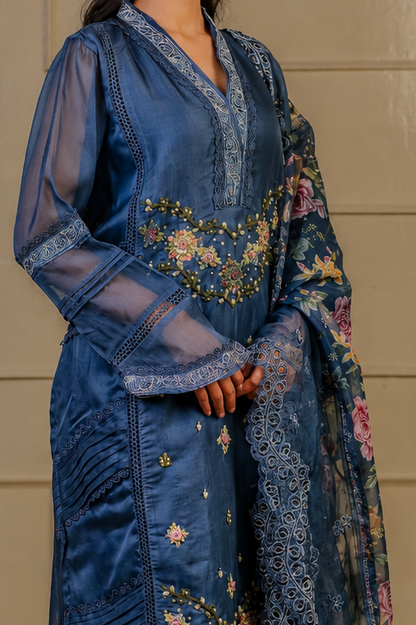 Zahra-E-Noor - Floral Bead Embroidered Suit with Print Dupatta