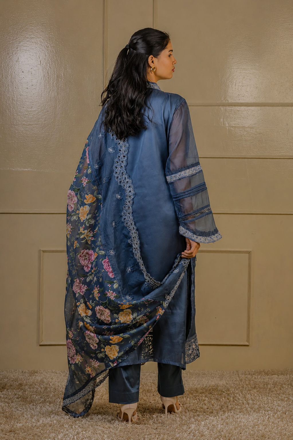 Zahra-E-Noor - Floral Bead Embroidered Suit with Print Dupatta