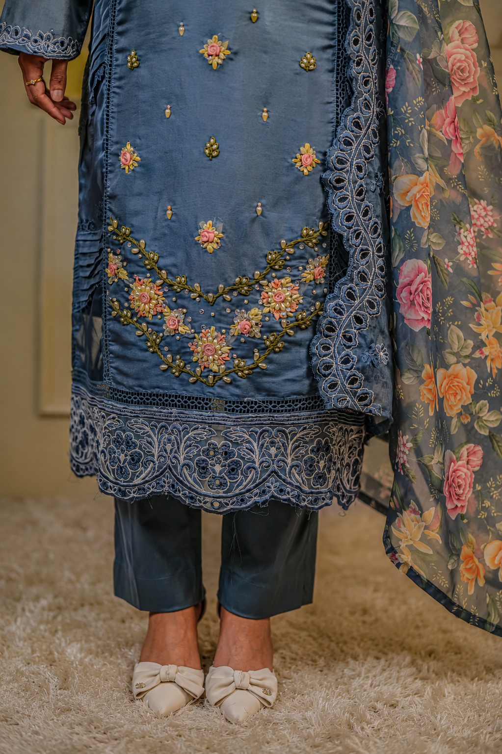 Zahra-E-Noor - Floral Bead Embroidered Suit with Print Dupatta
