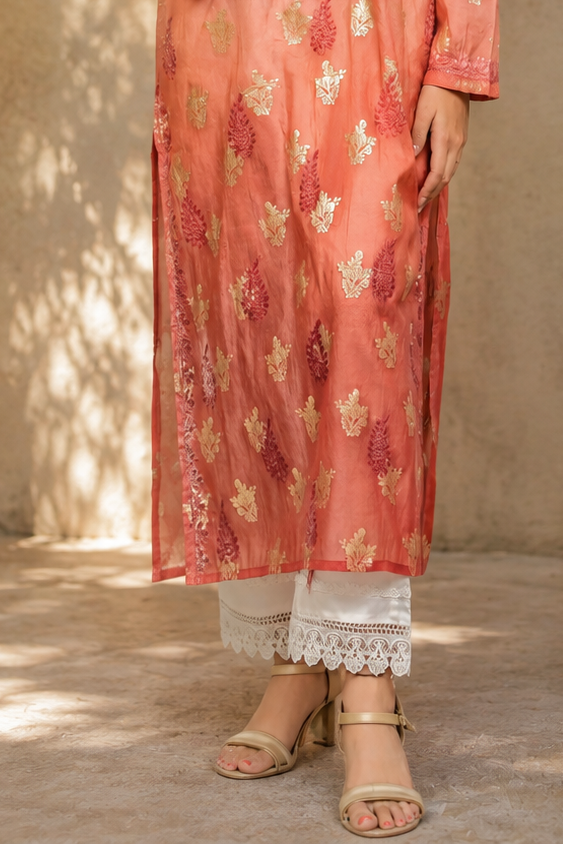 Zahra-E-Noor - Peach Gold Foil Ombre Pakistani Suit