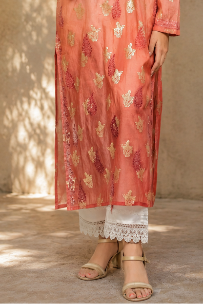 Zahra-E-Noor - Peach Gold Foil Ombre Pakistani Suit