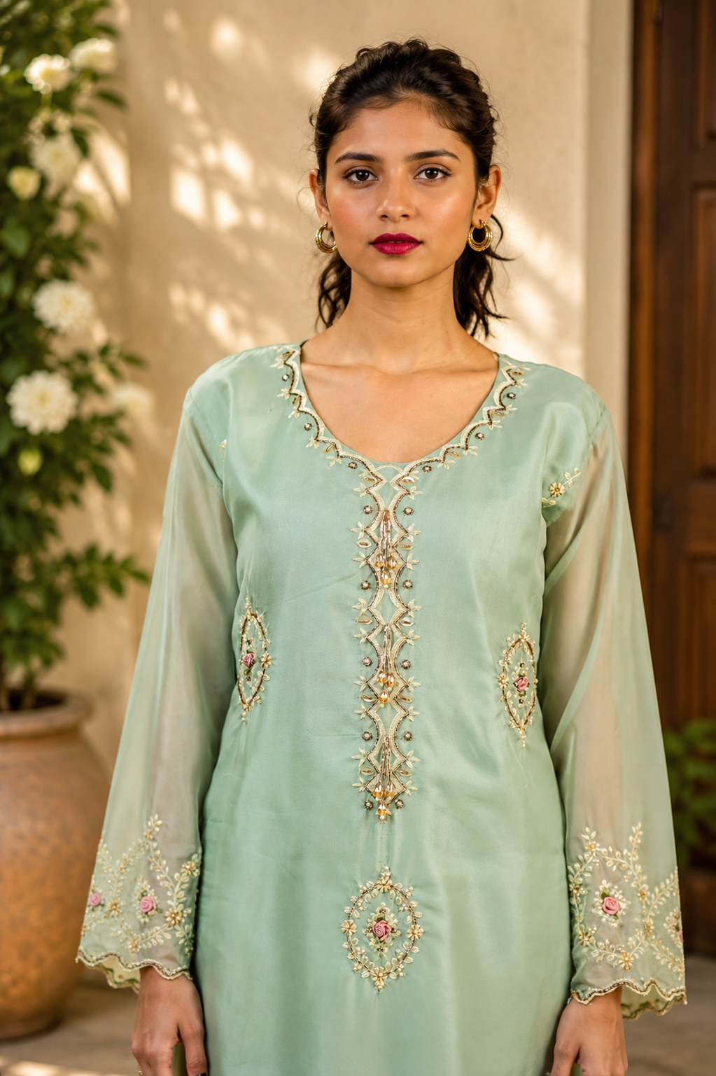 Zahra-E-Noor - Sage Green All Over Medallion Pakistani Suit