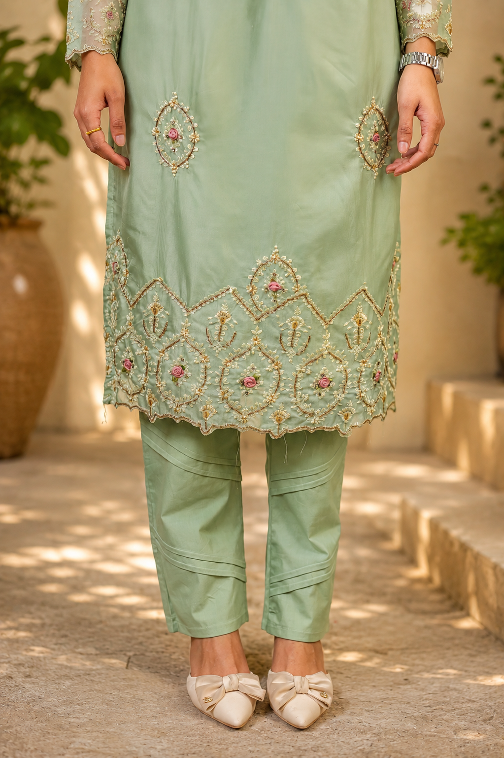 Zahra-E-Noor - Sage Green All Over Medallion Pakistani Suit