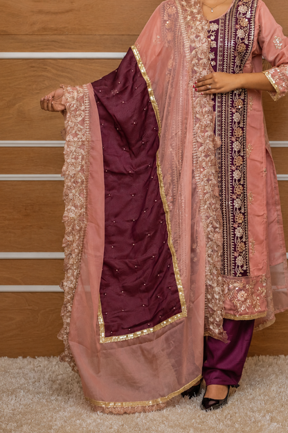 Zahra-E-Noor - Peach & Wine Contrast Pakistani Suit
