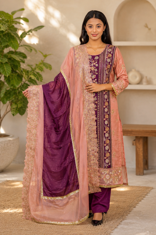 Zahra-E-Noor - Peach & Wine Contrast Pakistani Suit