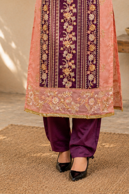 Zahra-E-Noor - Peach & Wine Contrast Pakistani Suit
