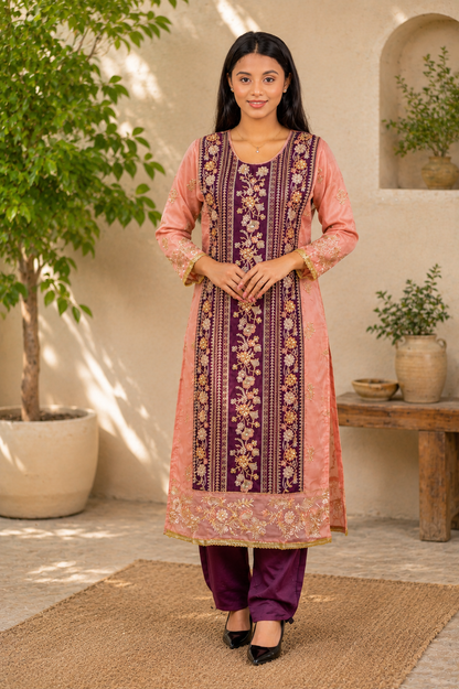 Zahra-E-Noor - Peach & Wine Contrast Pakistani Suit