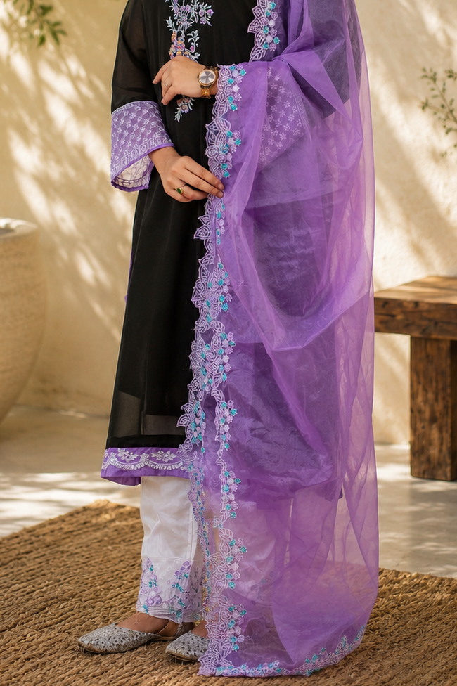 Zahra-E-Noor - Pastedl Floral Embroidery Suit with Net Dupatta