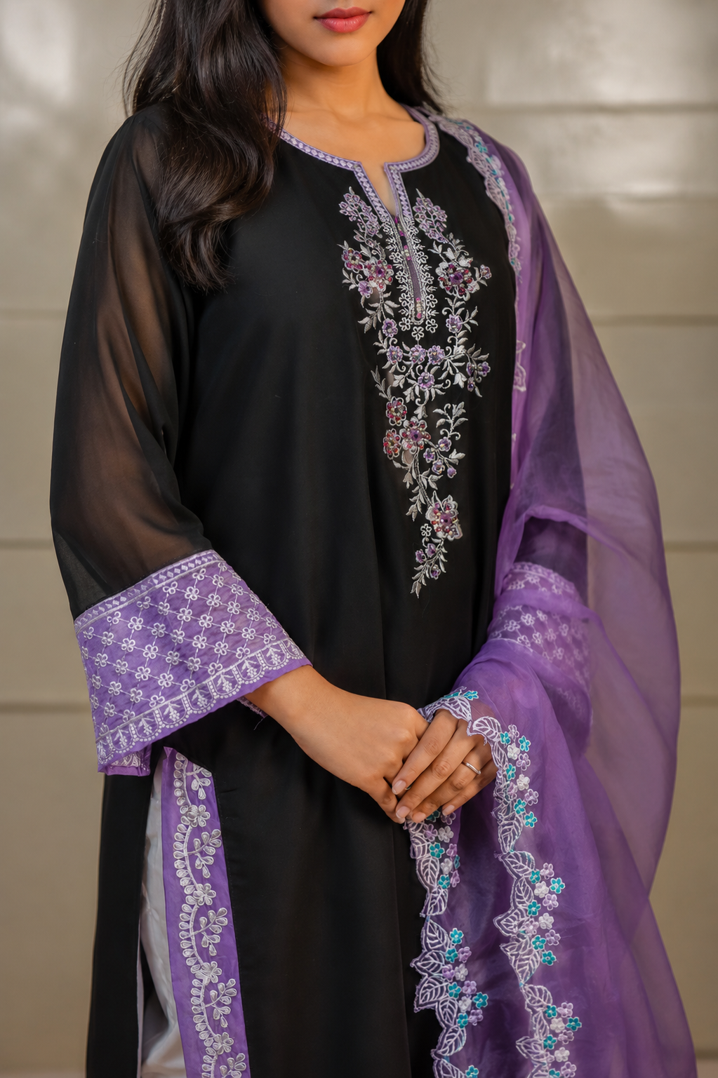 Zahra-E-Noor - Pastedl Floral Embroidery Suit with Net Dupatta