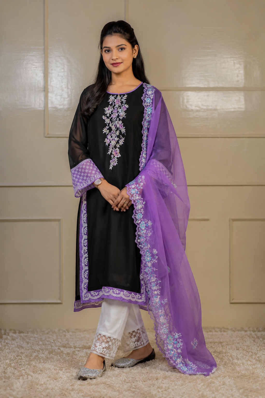 Zahra-E-Noor - Pastedl Floral Embroidery Suit with Net Dupatta