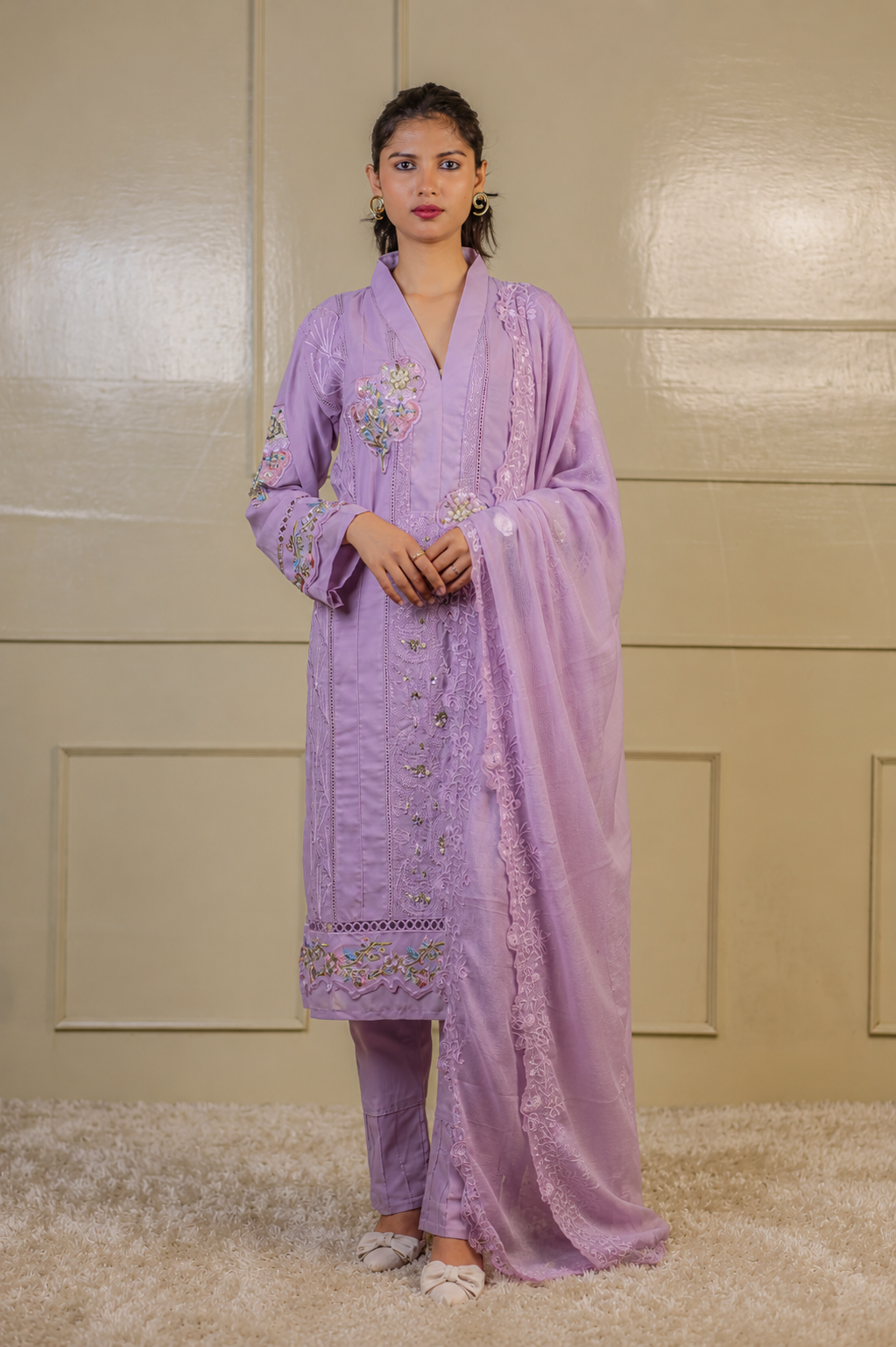 Shawl Collar Sequin Embroidered Pakistani Suit