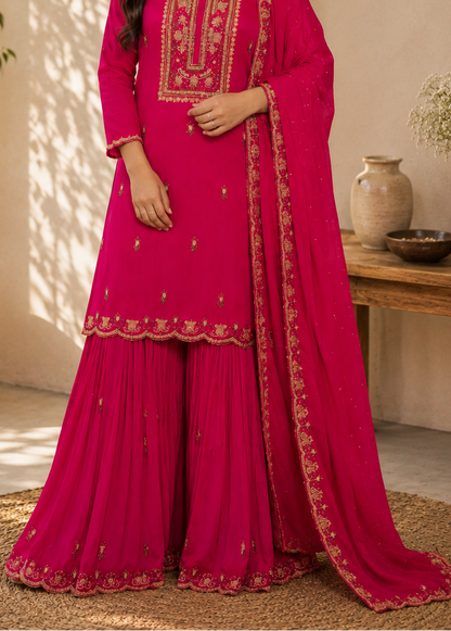 Noor-e-Mehfil - Fuchsia Pink Embroidered Sharara Suit