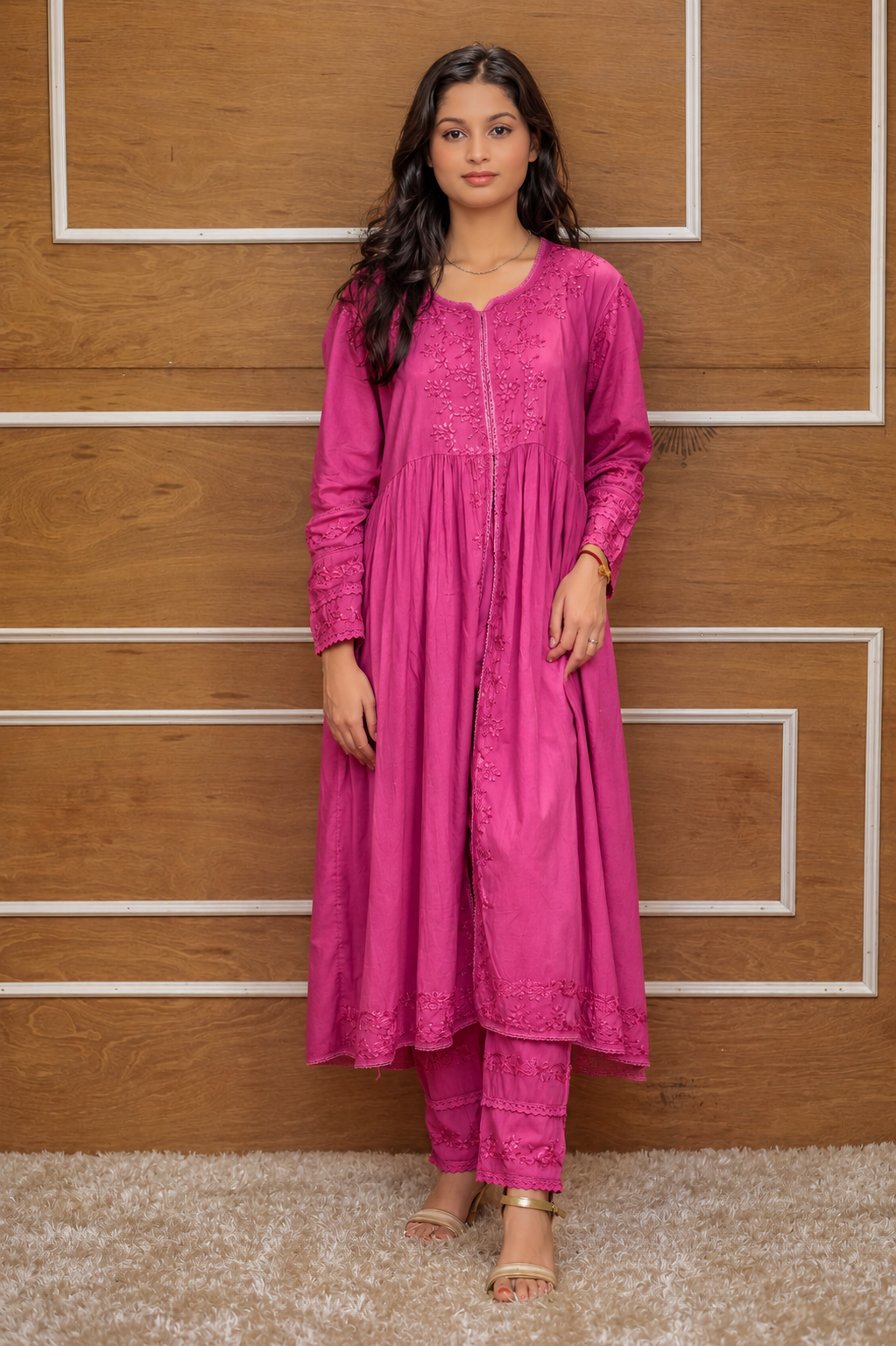 Noor-e-Lucknow - Lime Flowy Embroidered Chikankari Anarkali Set