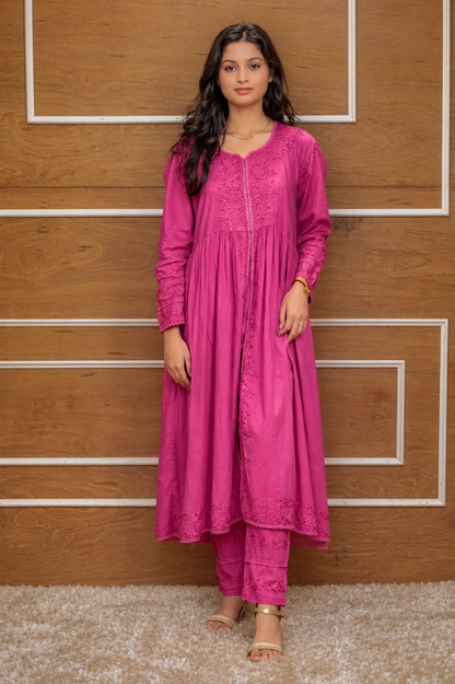 Noor-e-Lucknow - Lime Flowy Embroidered Chikankari Anarkali Set