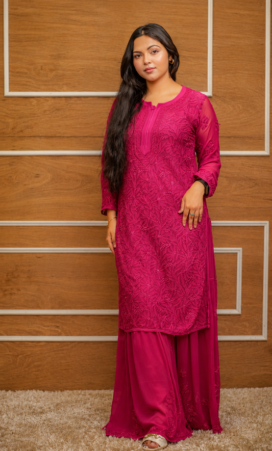 Noor-e-Lucknow - Fuchsia Pink Chikankari Sharara Set