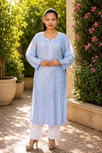 Noor-e-Lucknow - Chikankari Floral Threadwork Kurta