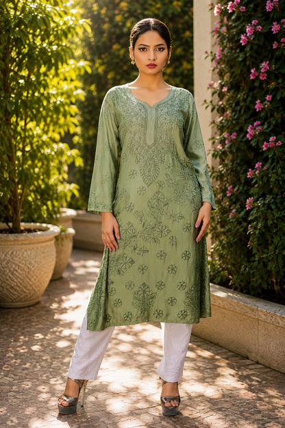 Noor-e-Lucknow - Chikankari Floral Threadwork Kurta
