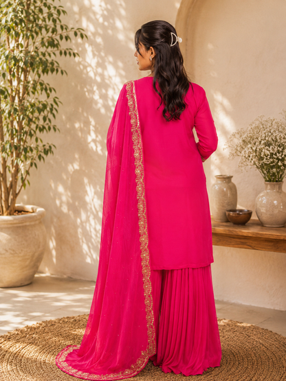 Noor-e-Mehfil - Fuchsia Pink Embroidered Sharara Suit