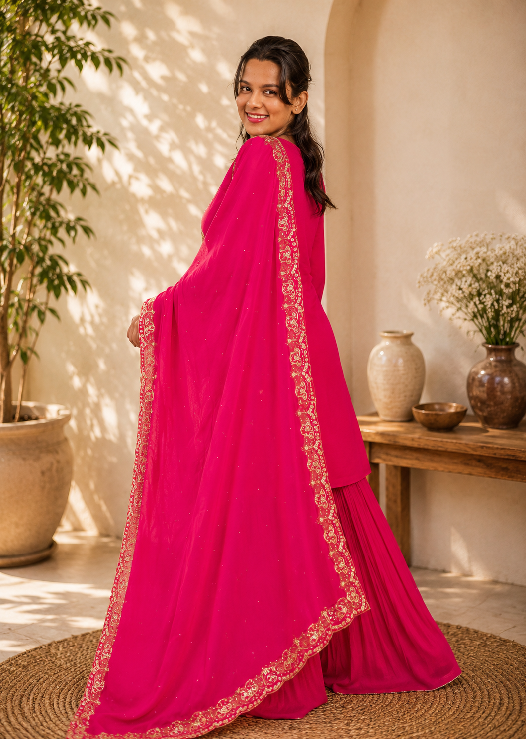 Noor-e-Mehfil - Fuchsia Pink Embroidered Sharara Suit