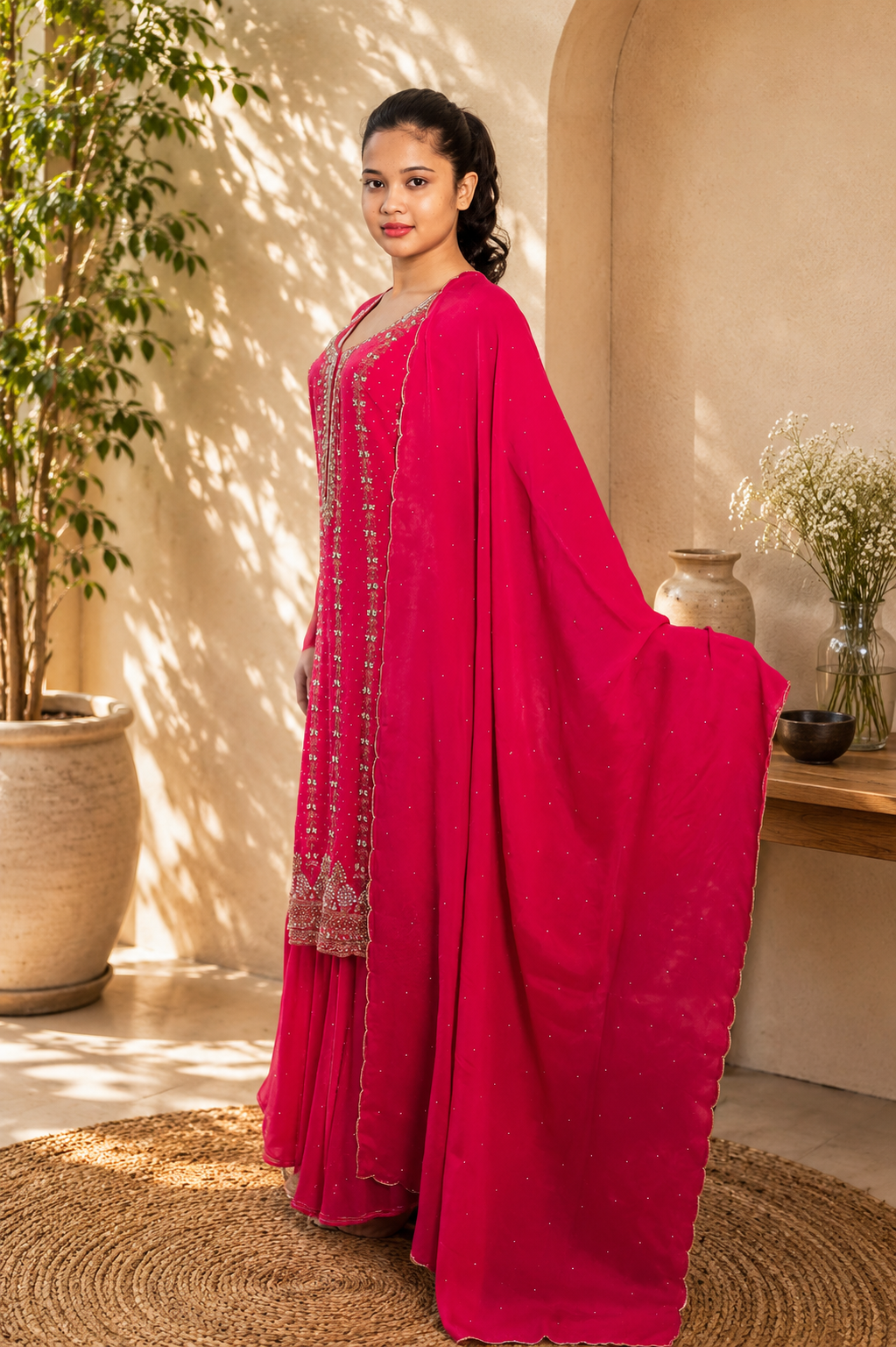 Noor-e-Mehfil - Gold - Pink Embroidered Kurta Sharara Suit
