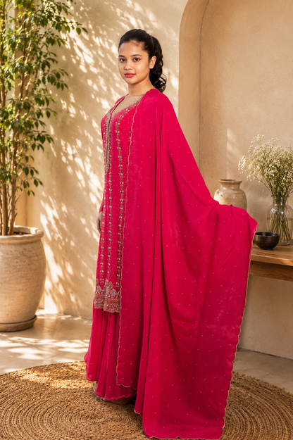 Noor-e-Mehfil - Gold - Pink Embroidered Kurta Sharara Suit