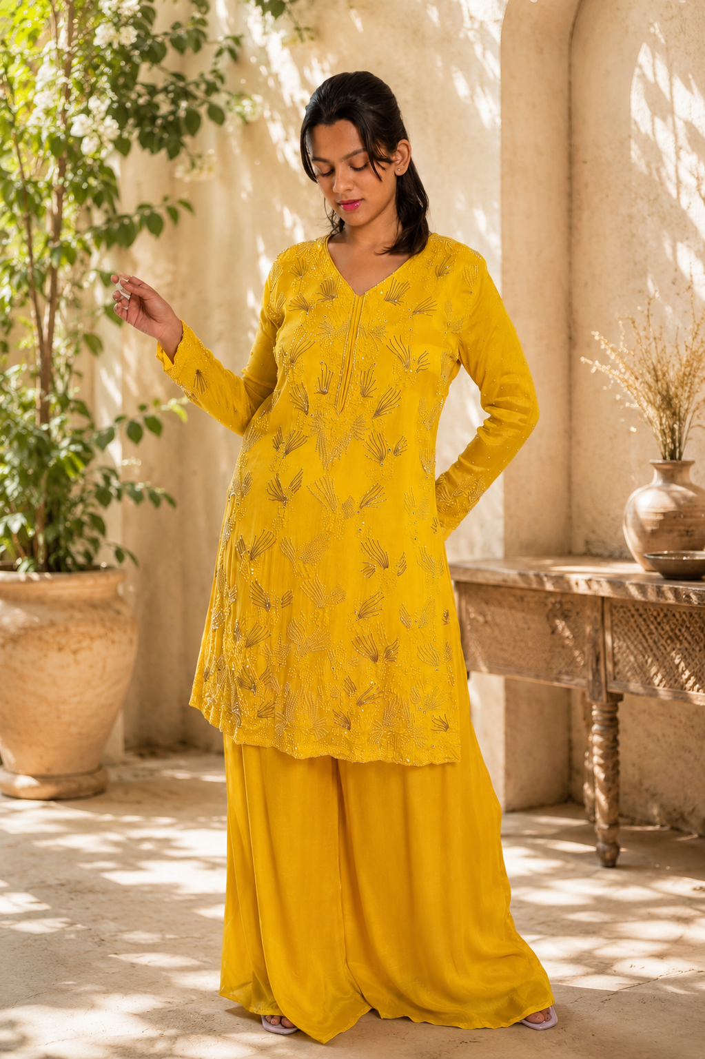Noor-e-Mehfil - Yellow Feather Embroidered Sharara Suit