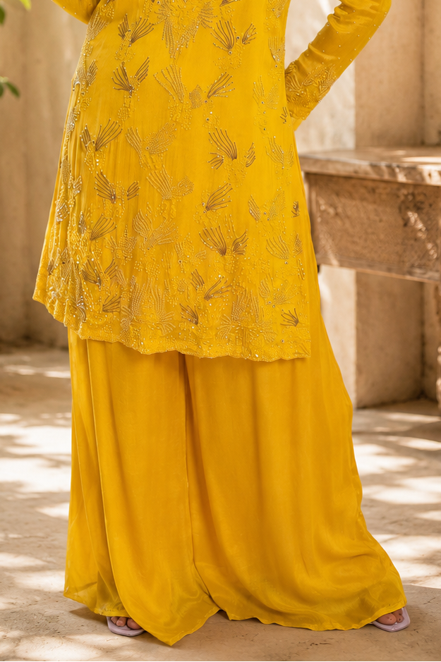 Noor-e-Mehfil - Yellow Feather Embroidered Sharara Suit