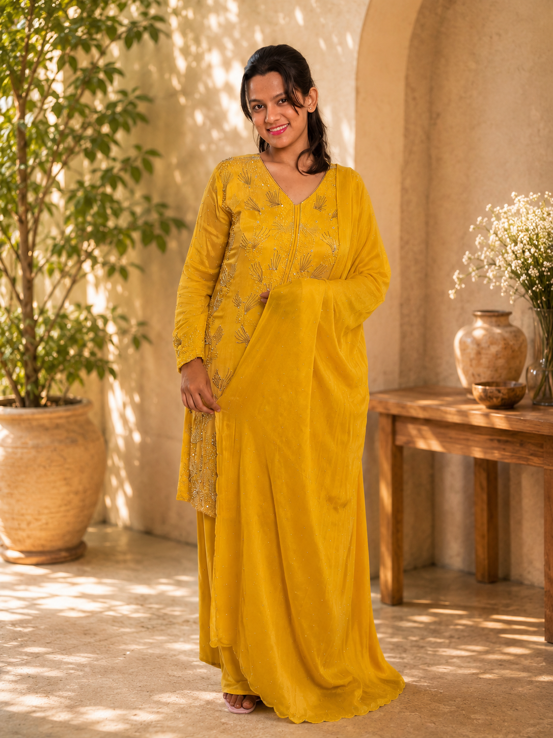 Noor-e-Mehfil - Yellow Feather Embroidered Sharara Suit