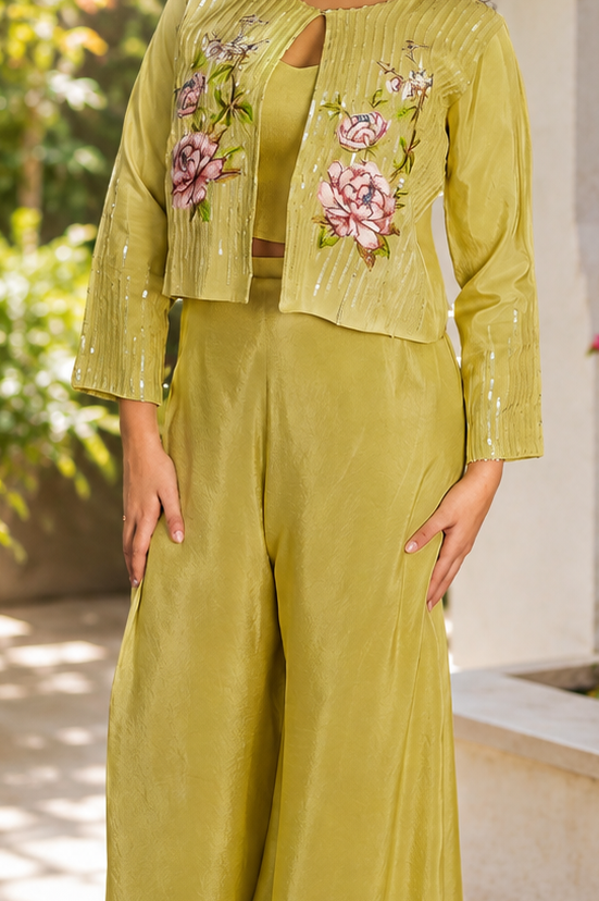 Meher-e-Noor - Olive Satin Jacket Co-ord