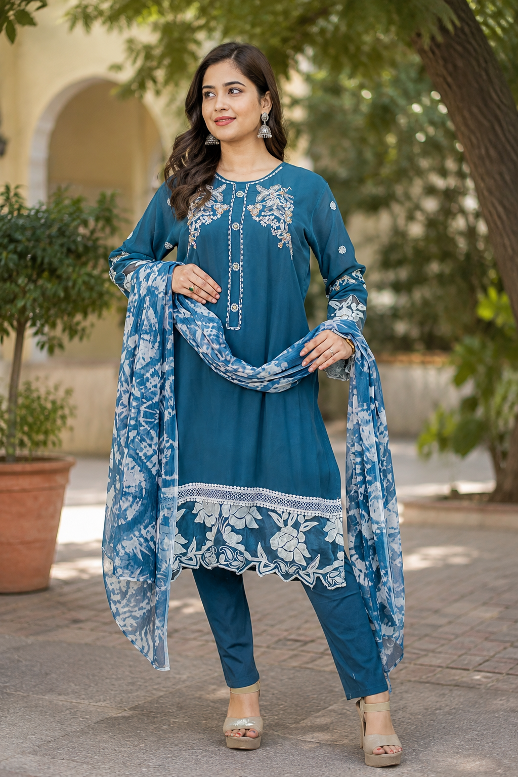 Zahra-E-Noor - Teal Pakistani Suit with White Embroidery