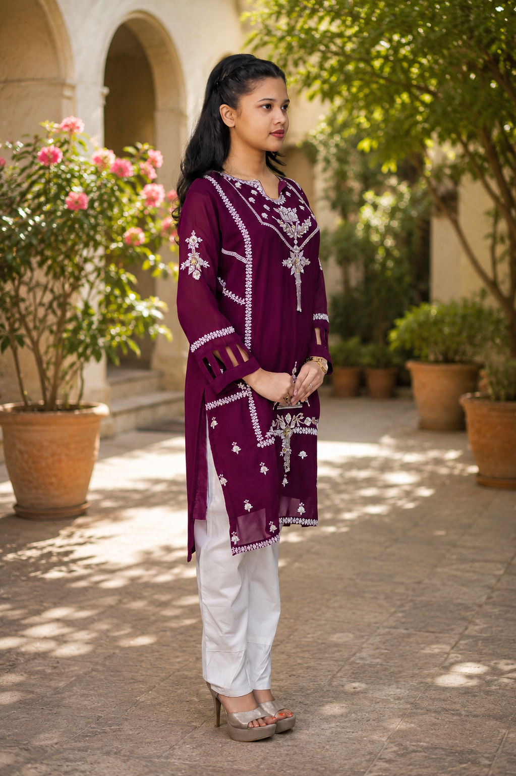 Zahra-E-Noor - Wine Pearl Embroidered Suit with Tie-n-Diy Dupatta