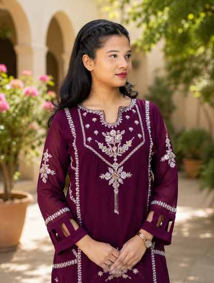 Zahra-E-Noor - Wine Pearl Embroidered Suit with Tie-n-Diy Dupatta