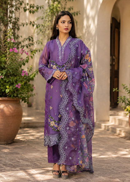 Zahra-E-Noor - Floral Bead Embroidered Suit with Print Dupatta
