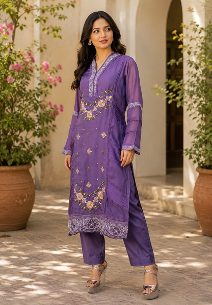 Zahra-E-Noor - Floral Bead Embroidered Suit with Print Dupatta
