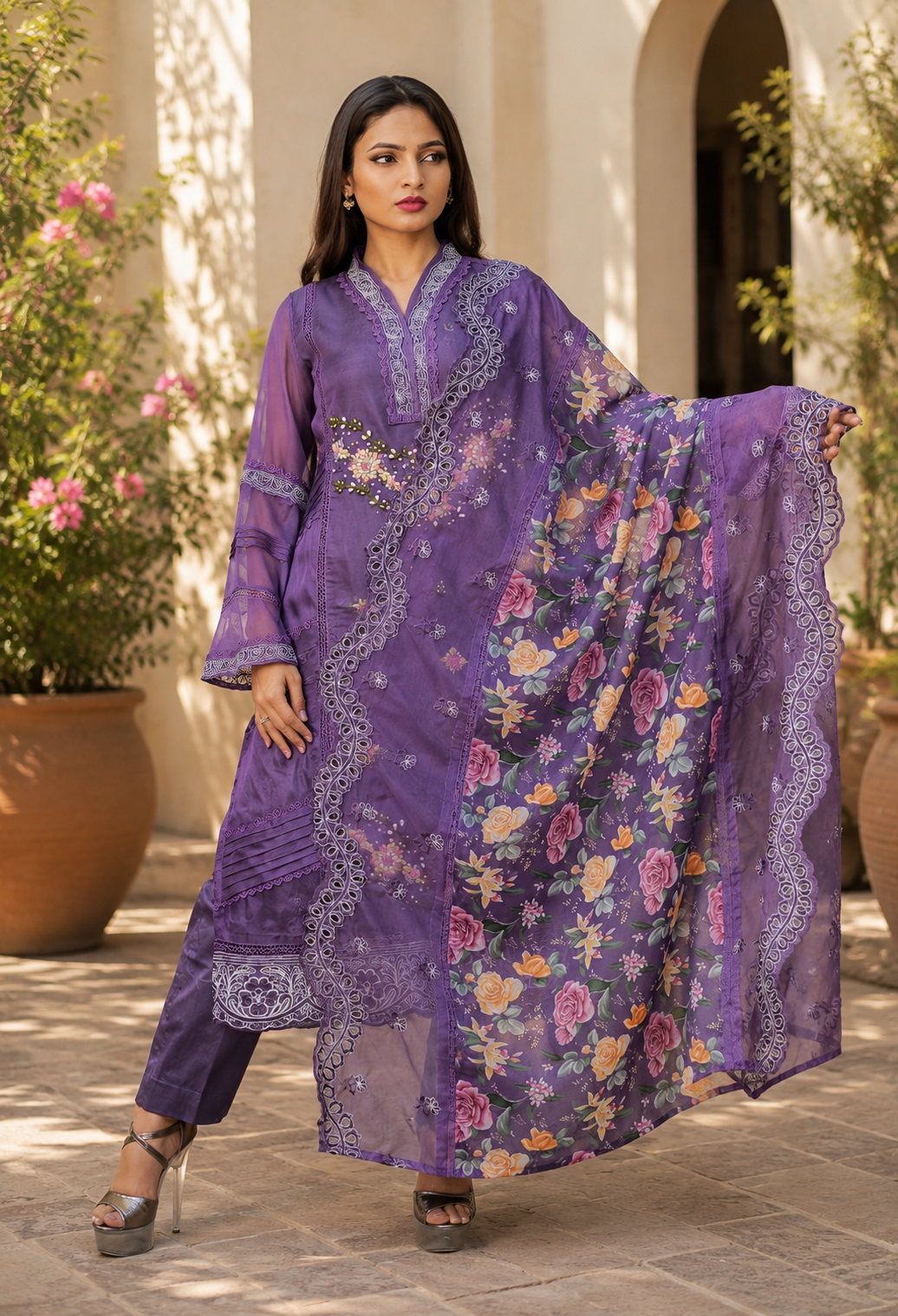 Zahra-E-Noor - Floral Bead Embroidered Suit with Print Dupatta