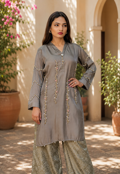 Satin Suit with Stylish Embroidery Suit