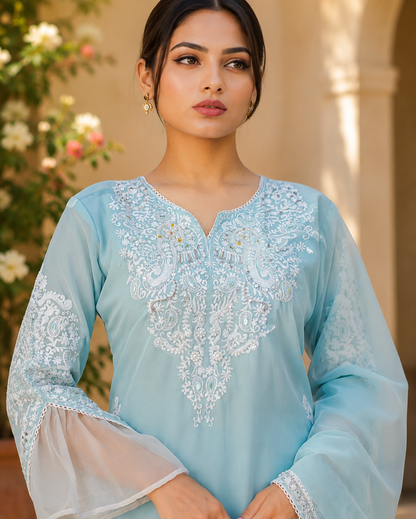 Zahra-E-Noor - Ice Blue Cutwork Lattice Pakistani Suit