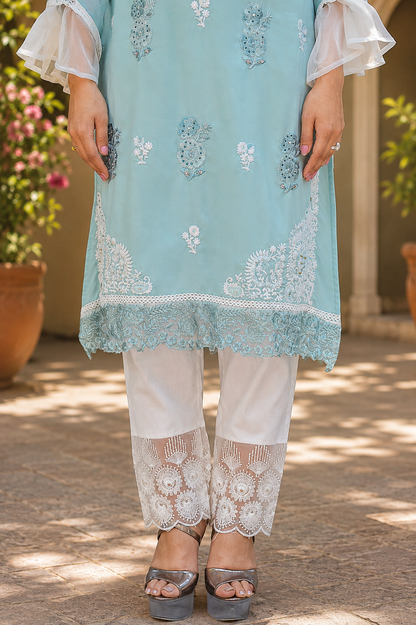 Zahra-E-Noor - Ice Blue Cutwork Lattice Pakistani Suit