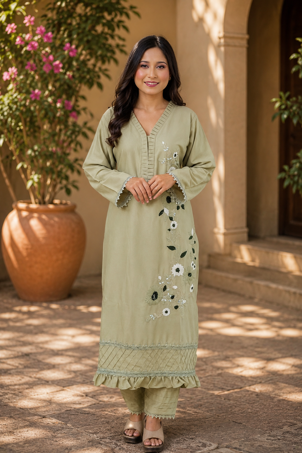 Floral Embroidered Suit with Pintuck Detailing