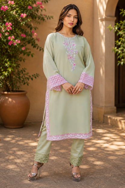 Zahra-E-Noor - Pastedl Floral Embroidery Suit with Net Dupatta