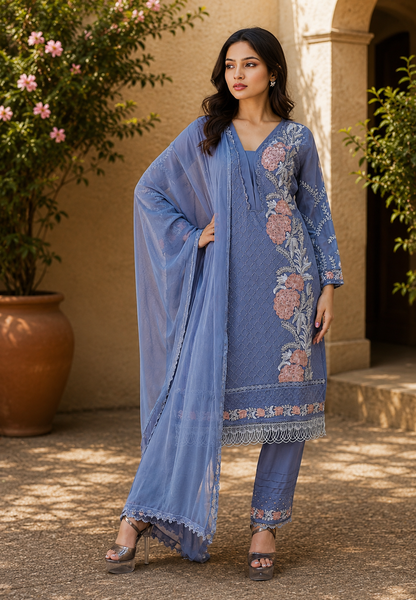 Floral Embroidered Pakistani Suit Set with Dupatta