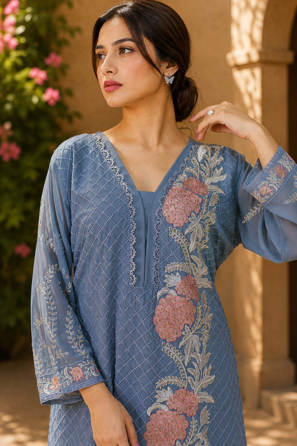 Floral Embroidered Pakistani Suit Set with Dupatta