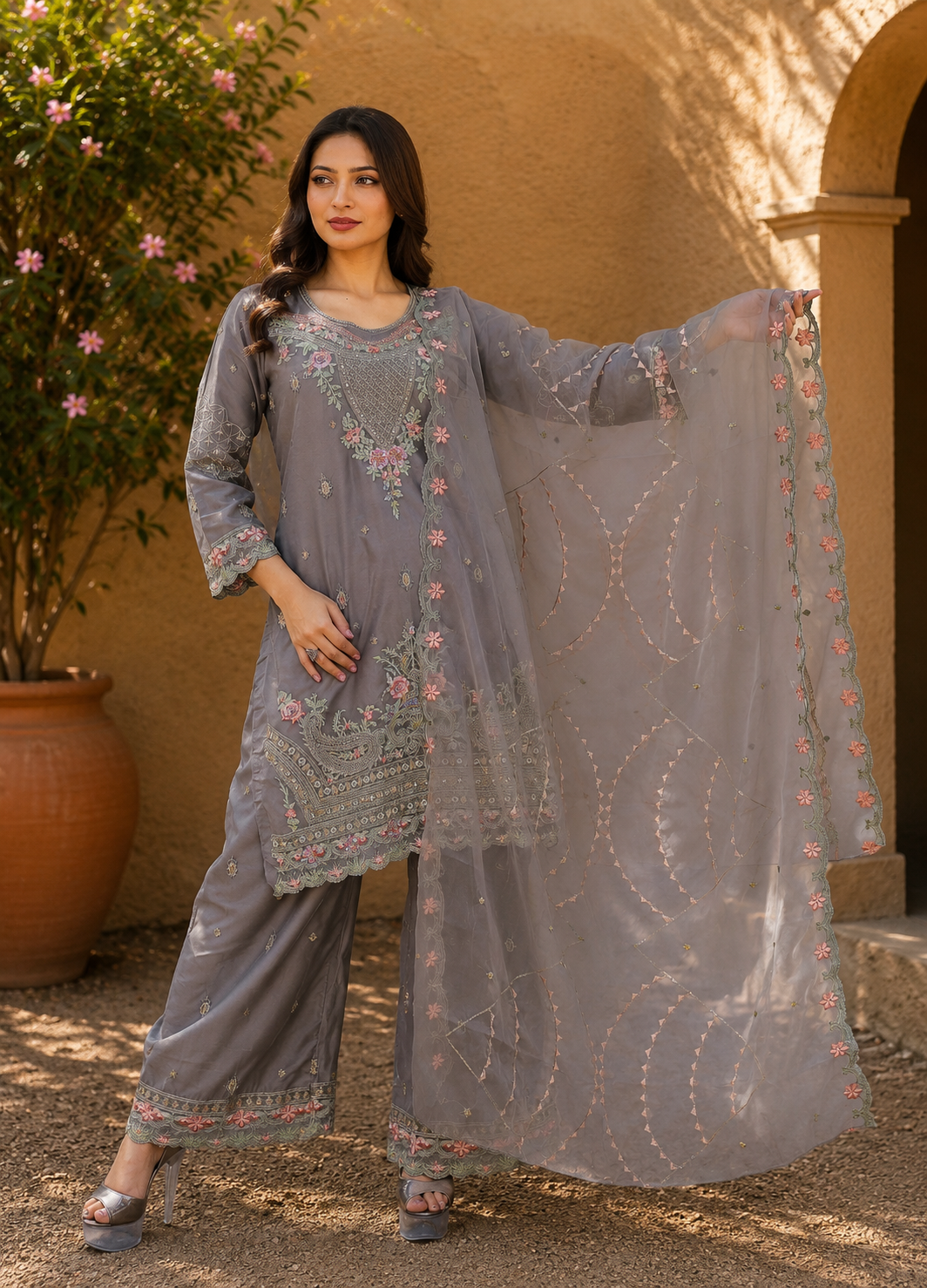 Floral Embroidered Suit with Net Dupatta