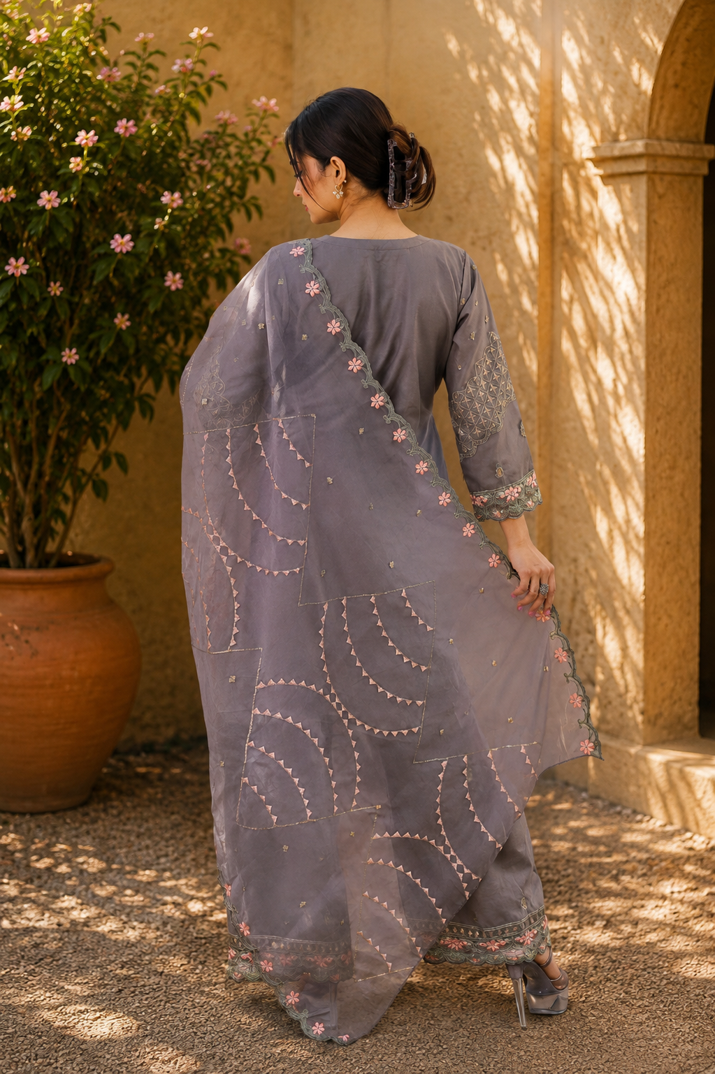 Floral Embroidered Suit with Net Dupatta