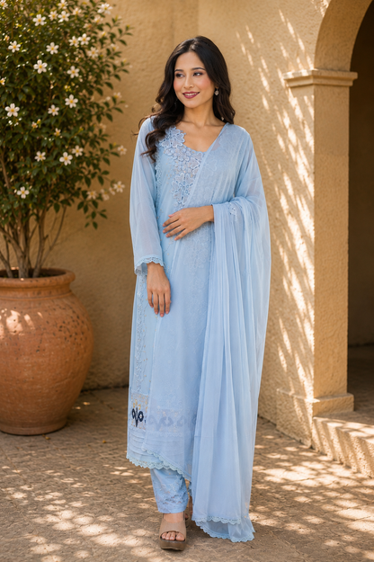 Embroidered Pakistani Suit Set with Chiffon Dupatta