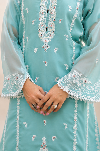Aqua Chikankari Pearl-Embroidered Suit